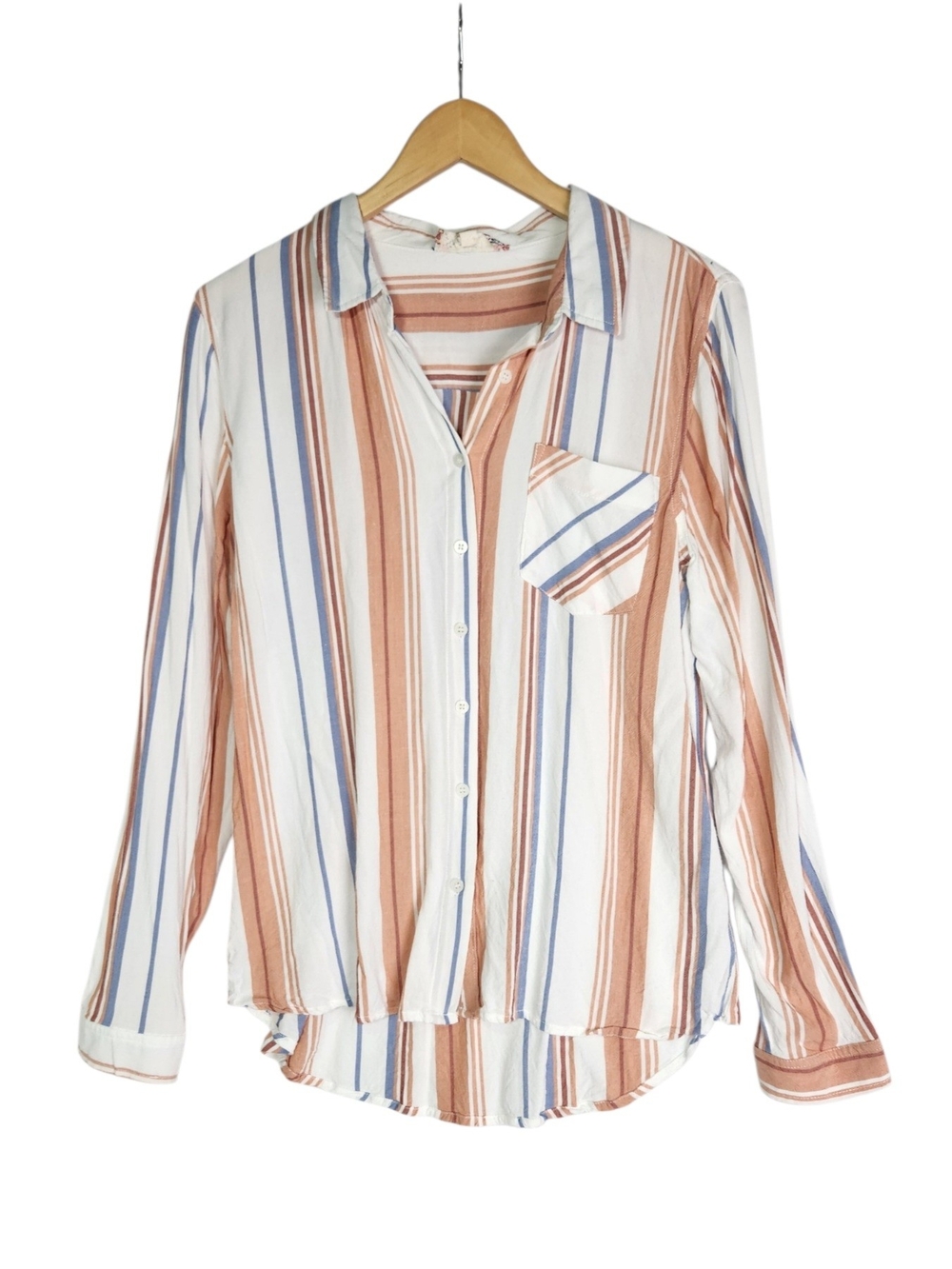 Pink Rose Striped Button Front Blouse Large Rust Blue Long Sleeve Y2K Coastal